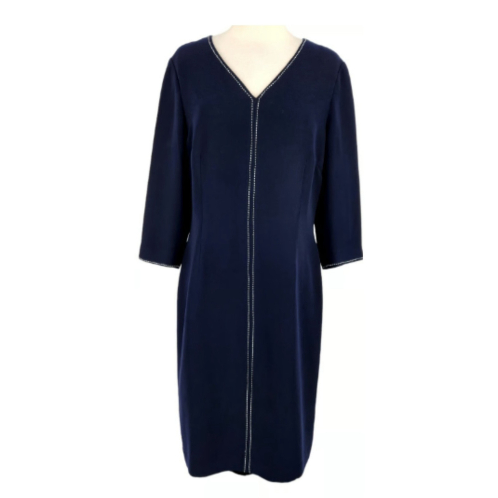 Vintage David Warren Dark Navy Blue White Ticking Sheath 1960s Dress Large